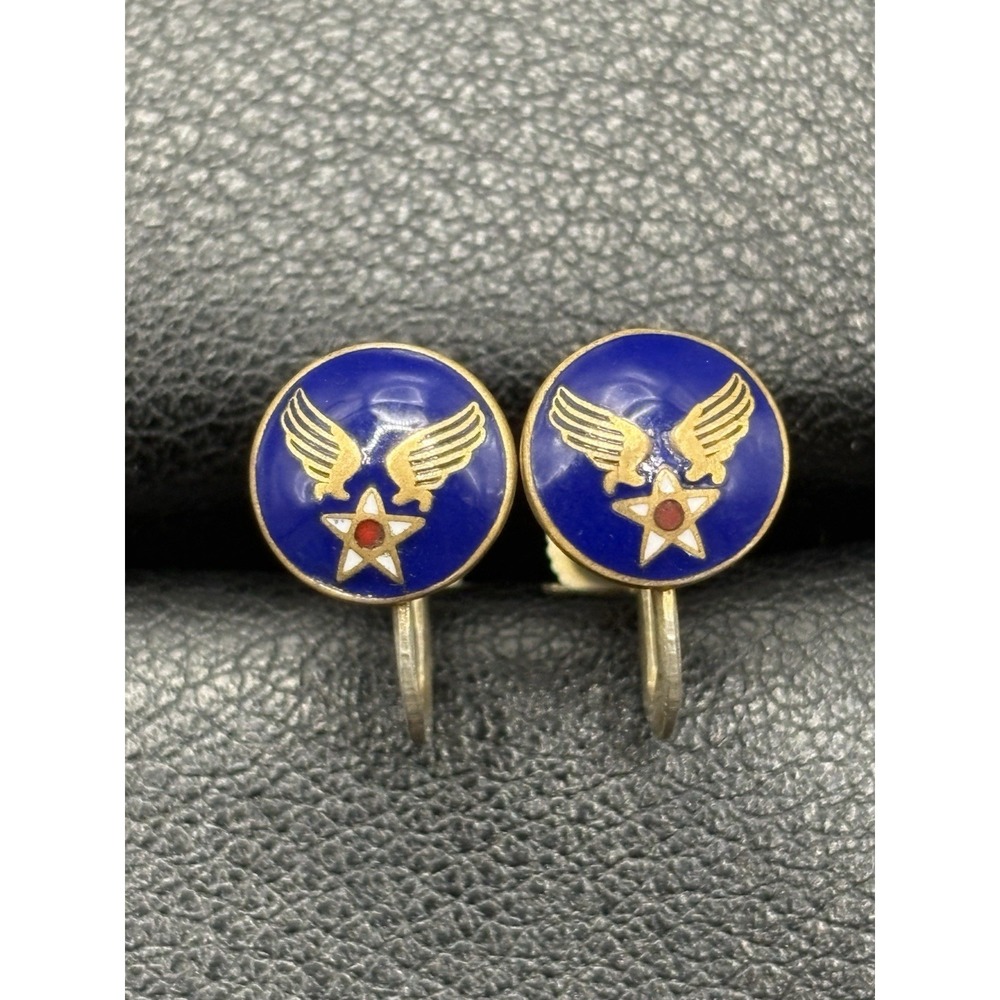 Antique U.S. Army Sterling Silver Screw Back Gold Earrings H13